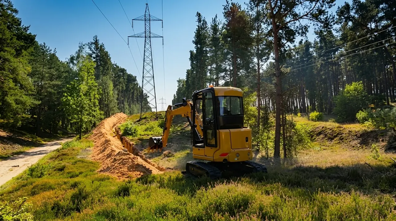 Мініекскаватор під час земляних робіт на будівництві мережі