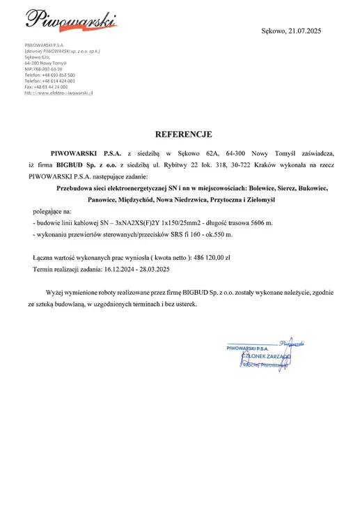 Рекомендаційний лист: PIWOWARSKI — Реконструкція мереж СН і НН — 8 населених пунктів