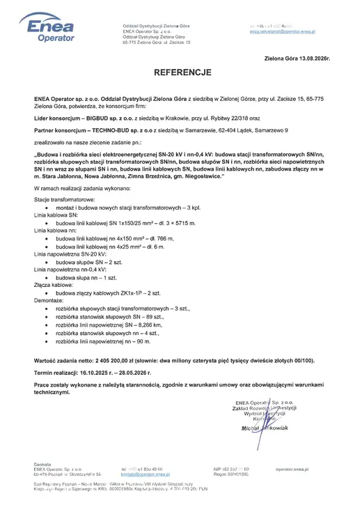Рекомендаційний лист: ENEA Operator — ENEA Operator — мережа СН-20 кВ, гміна Niegosławice